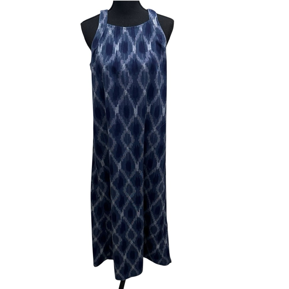 Pure Jill Ikat A-line Maxi Dress Size Small Blue‎ Geometric Pattern Pockets